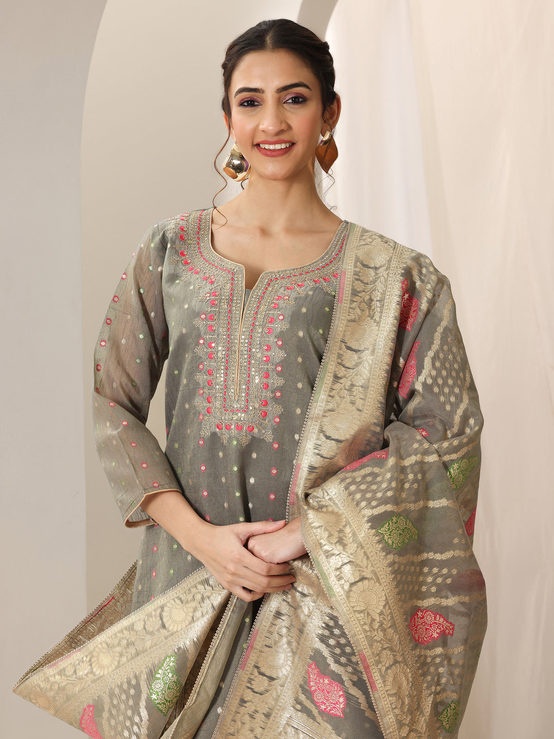 Grey Woven Design Chanderi Silk Straight Suit Set With Dupatta