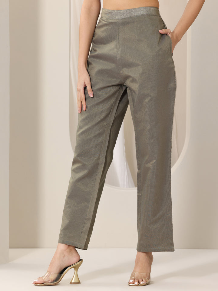 Grey Woven Design Chanderi Silk Straight Suit Set With Dupatta