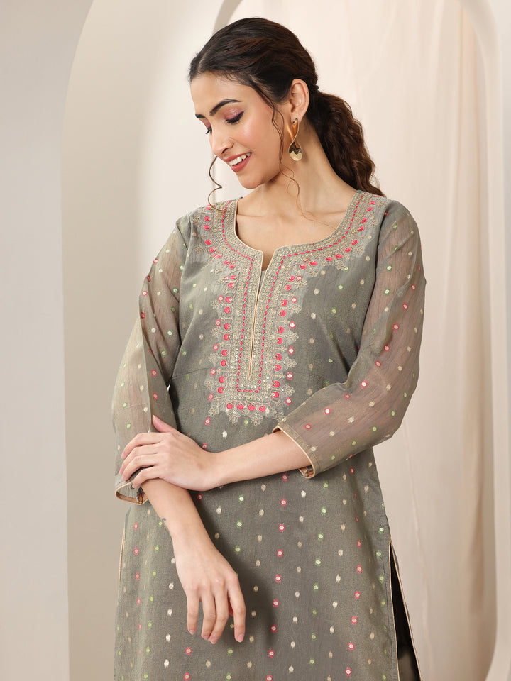 Grey Woven Design Chanderi Silk Straight Suit Set With Dupatta