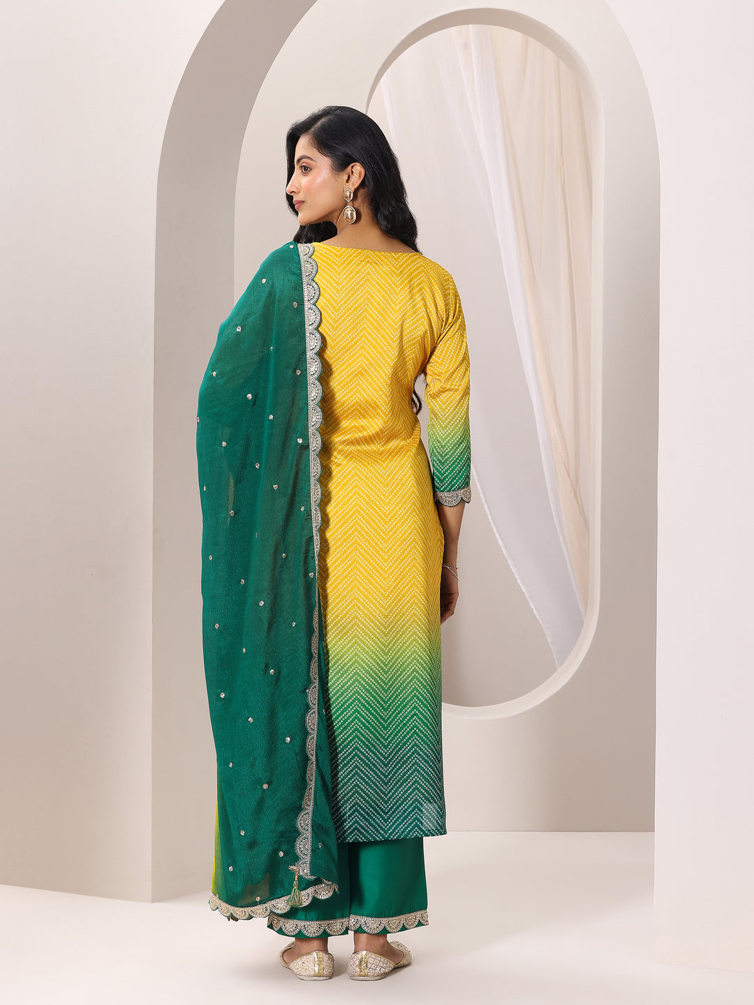 Mustard Printed Chinon Straight Suit Set With Dupatta