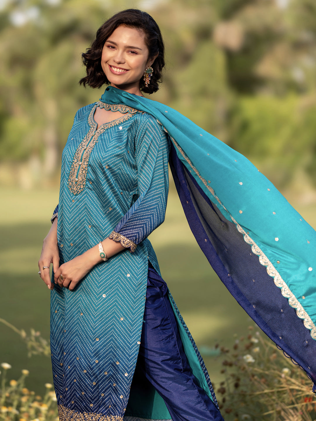 Blue Printed Chinon Straight Suit Set With Dupatta