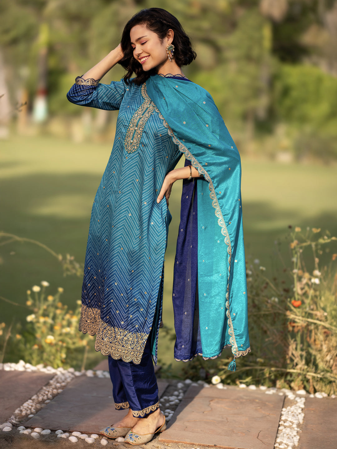 Blue Printed Chinon Straight Suit Set With Dupatta