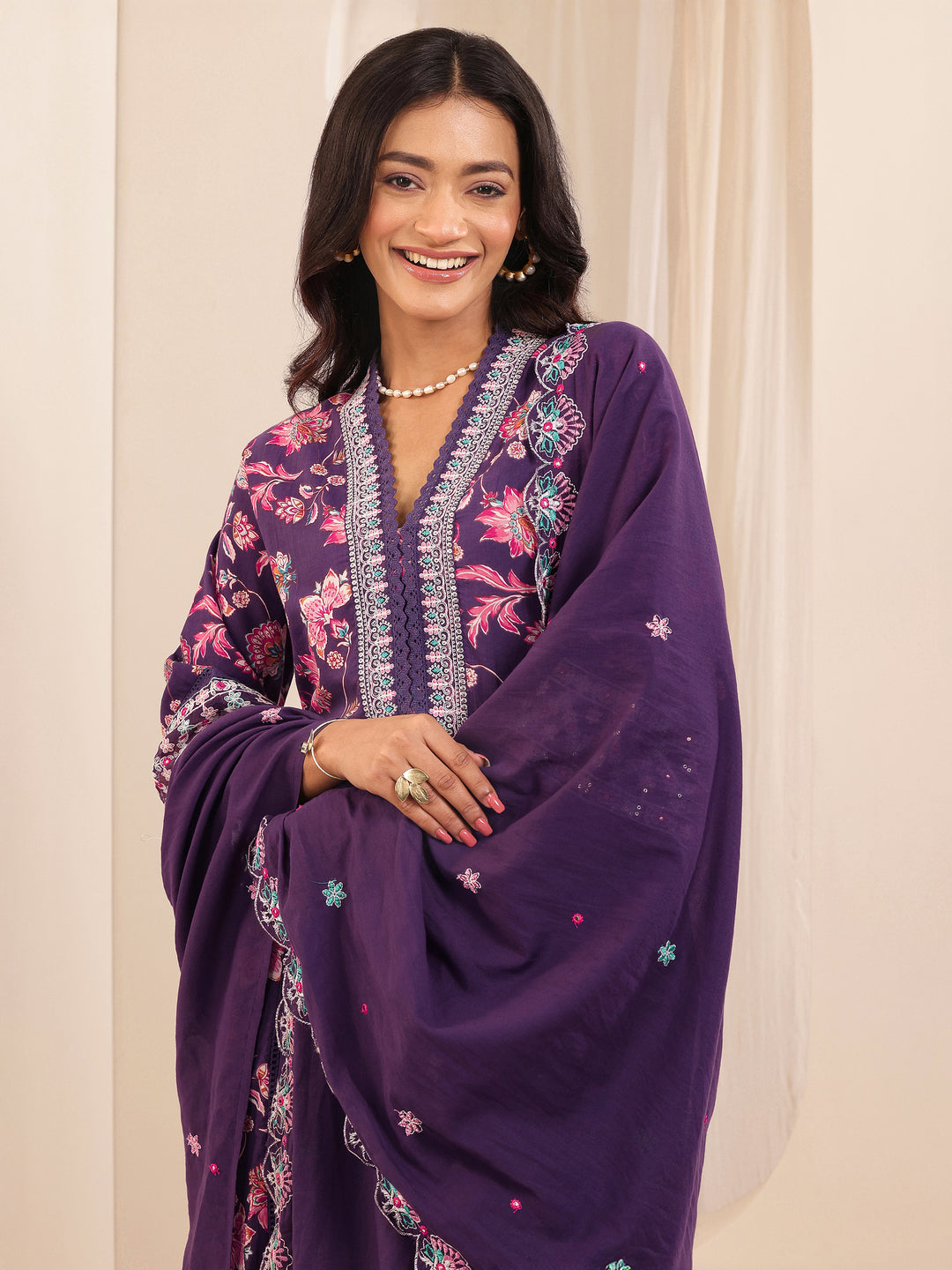 Purple Printed Cotton Anarkali Suit Sets With Dupatta