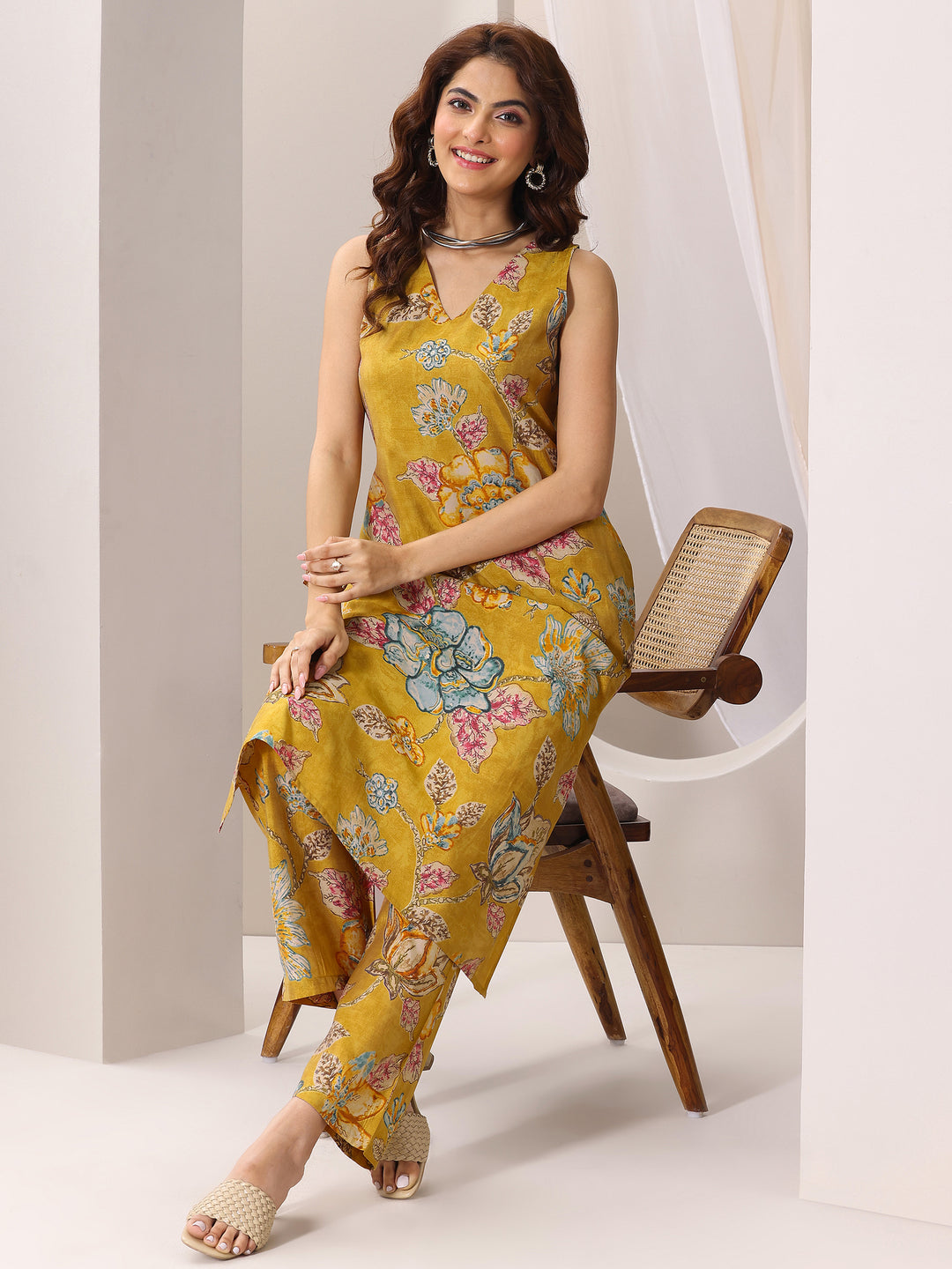 Mustard Printed Silk Blend Straight Kurta Set