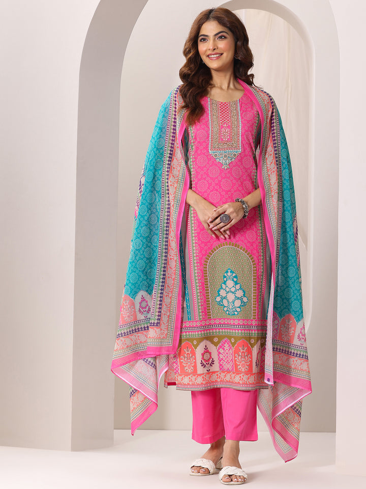 Pink Printed Cotton Straight Suit Set With Dupatta