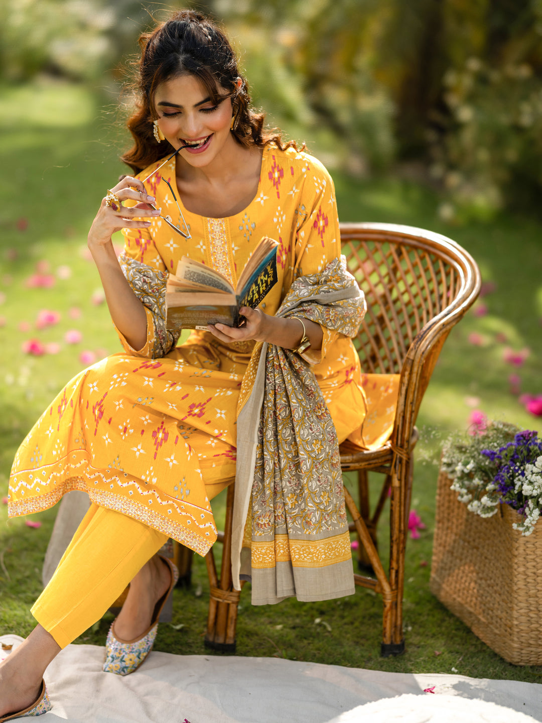 Mustard Printed Cotton Straight Suit Set With Dupatta