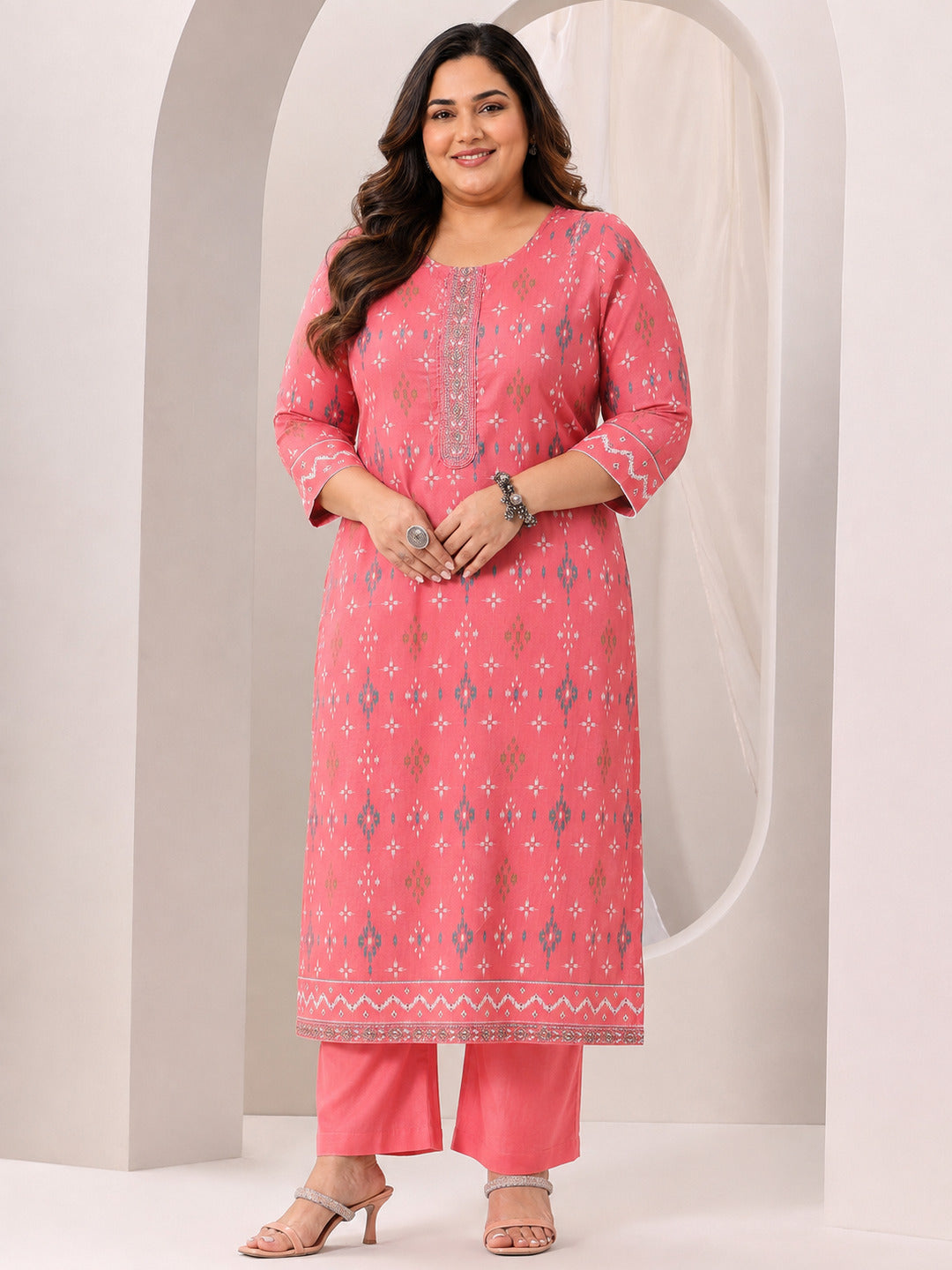Plus Size Coral Printed Cotton Straight Suit Set With Dupatta