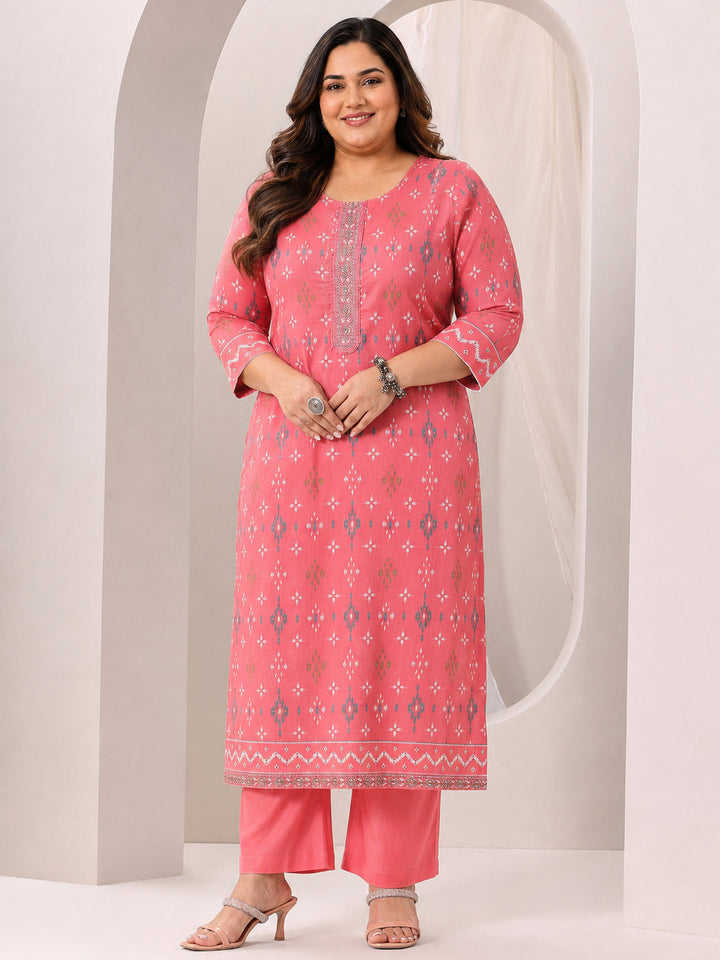 Plus Size Coral Printed Cotton Straight Suit Set With Dupatta