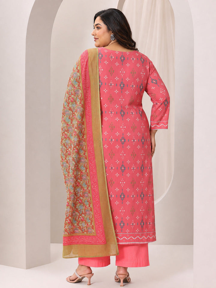 Plus Size Coral Printed Cotton Straight Suit Set With Dupatta