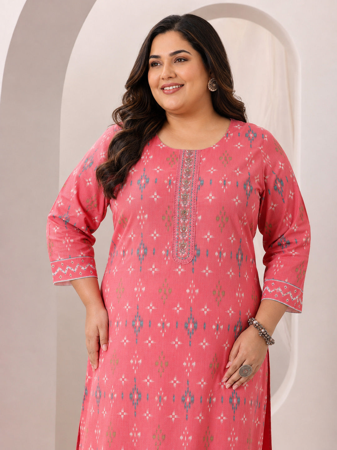 Plus Size Coral Printed Cotton Straight Suit Set With Dupatta