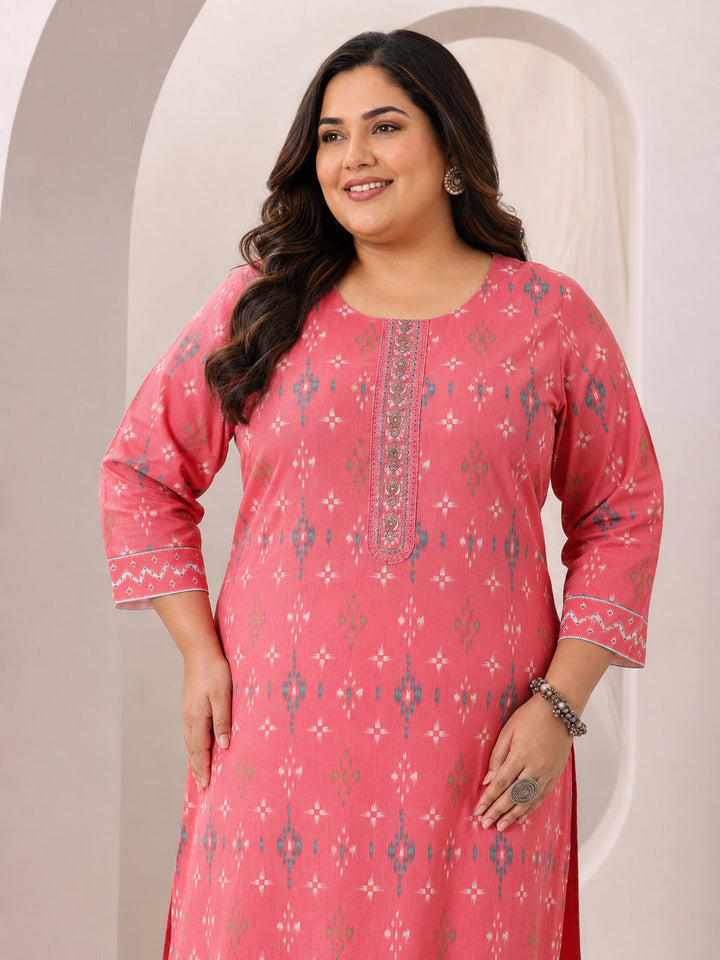 Plus Size Coral Printed Cotton Straight Suit Set With Dupatta