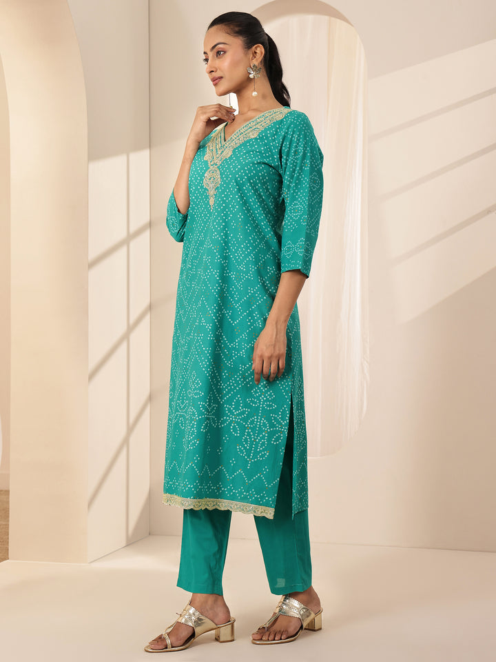 Turquoise Blue Printed Cotton Straight Suit Sets With Dupatta