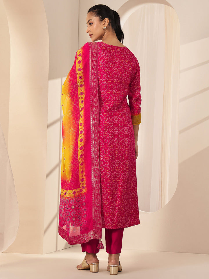 Red Printed Silk Blend Straight Suit Sets With Dupatta