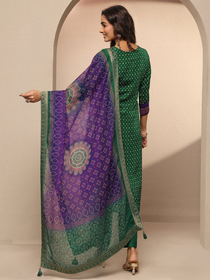 Green Bandhani Printed Silk Blend Straight Suit Set With Dupatta