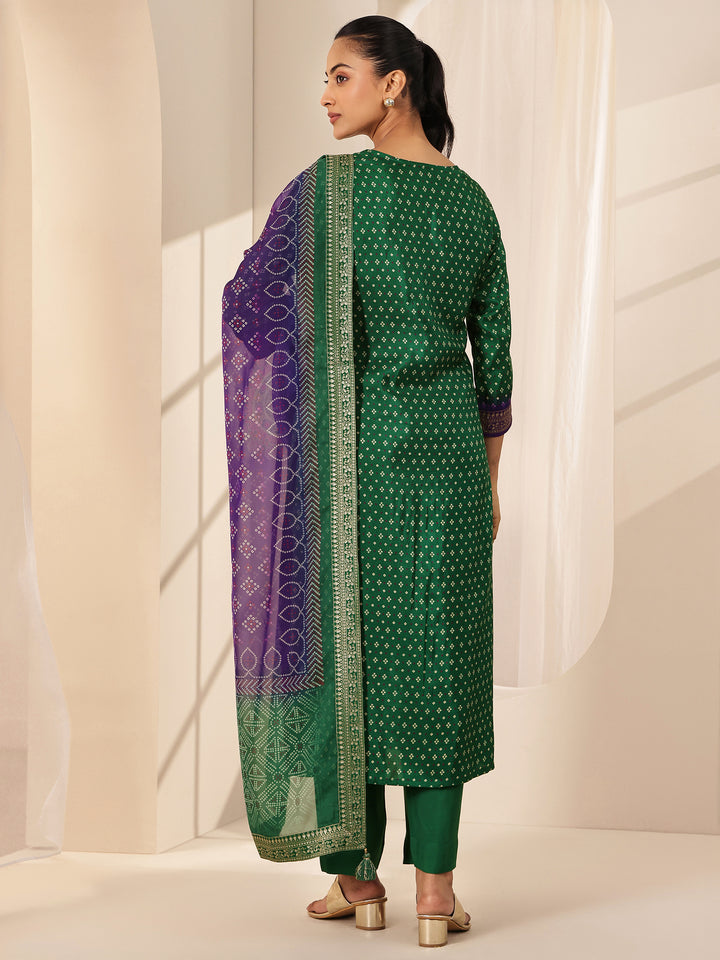 Green Printed Silk Blend Straight Suit Set With Dupatta