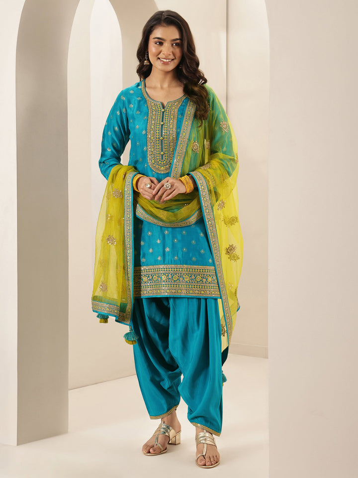 Blue Self Design Silk Blend Straight Suit Sets With Dupatta
