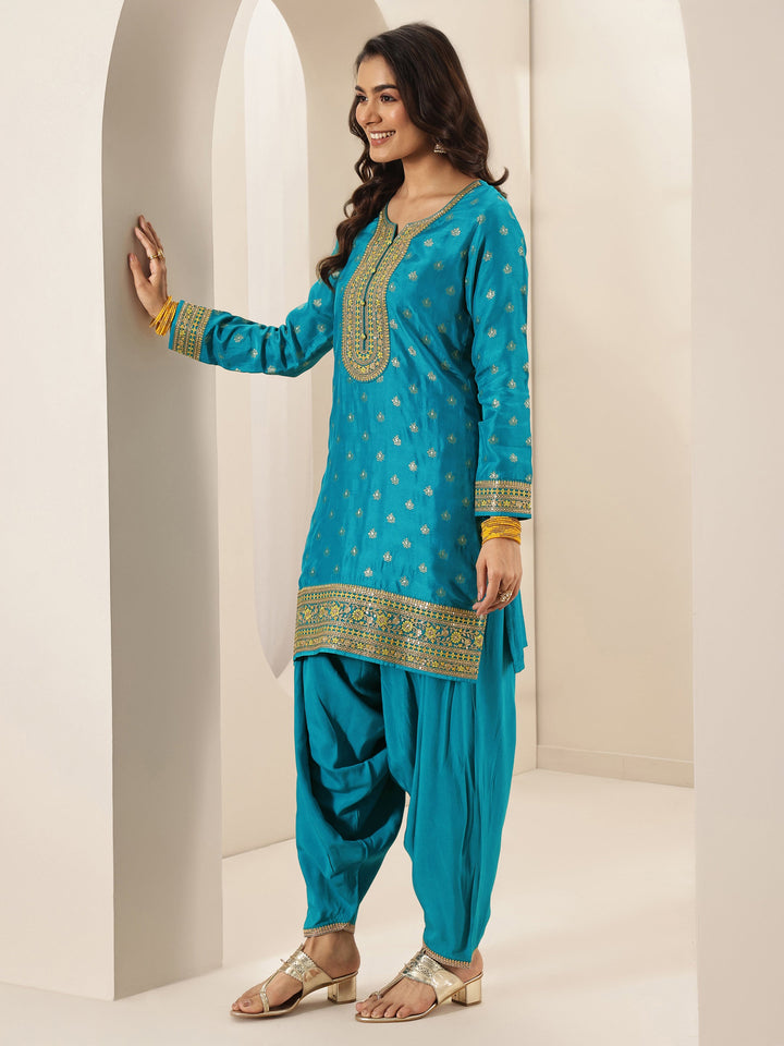 Blue Self Design Silk Blend Straight Suit Sets With Dupatta