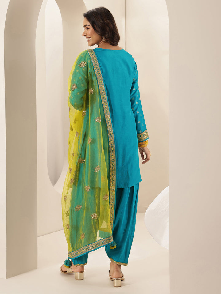 Blue Self Design Silk Blend Straight Suit Sets With Dupatta