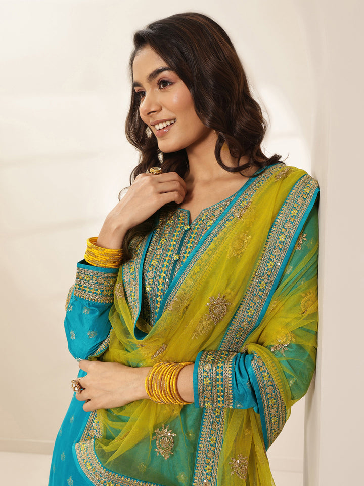 Blue Self Design Silk Blend Straight Suit Sets With Dupatta
