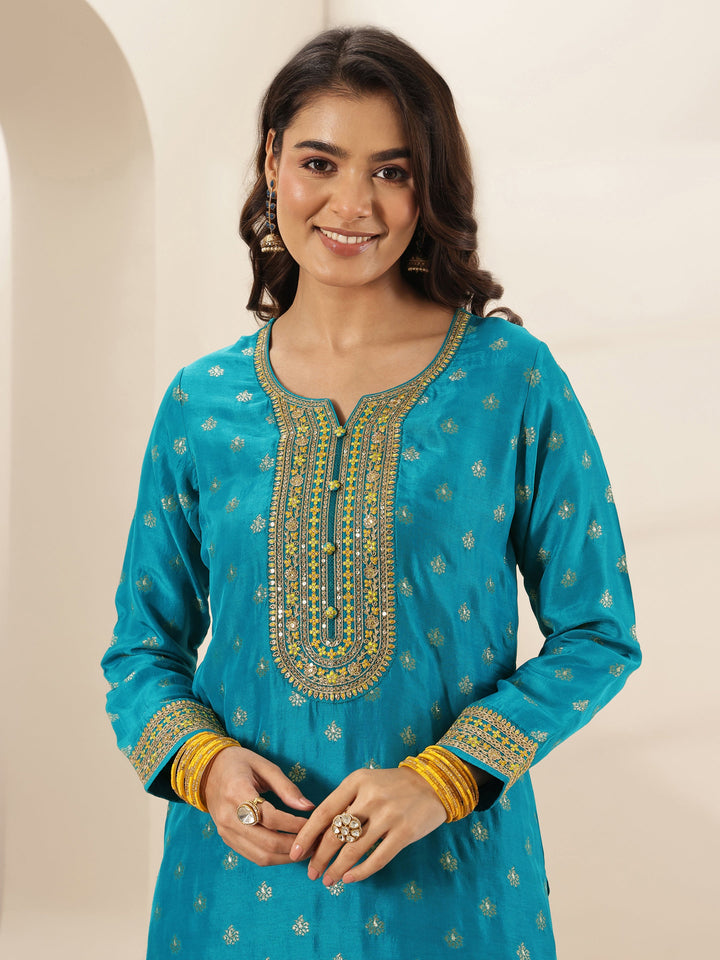 Blue Self Design Silk Blend Straight Suit Sets With Dupatta