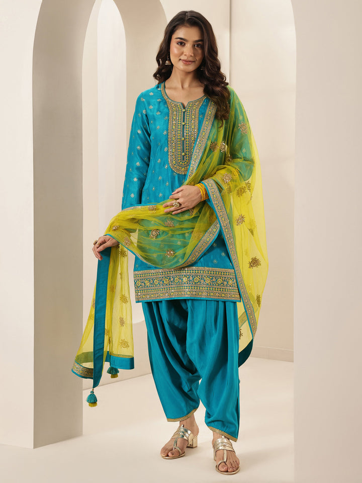 Blue Self Design Silk Blend Straight Suit Sets With Dupatta