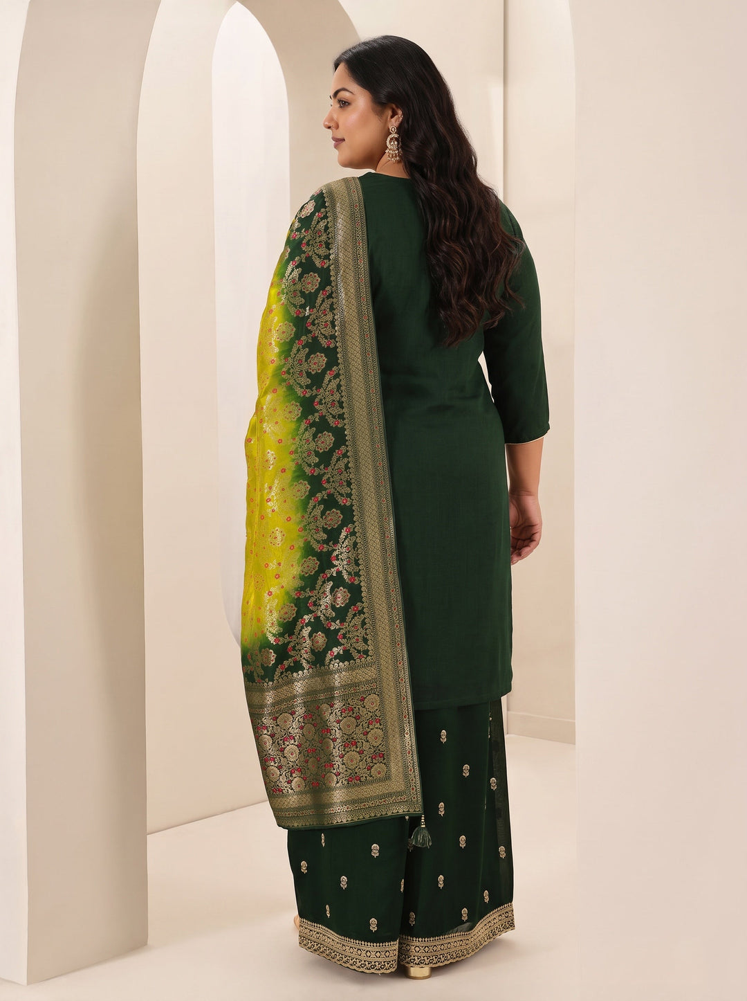 Plus Size Green Embroidered Silk Blend Straight Suit Sets With Dupatta