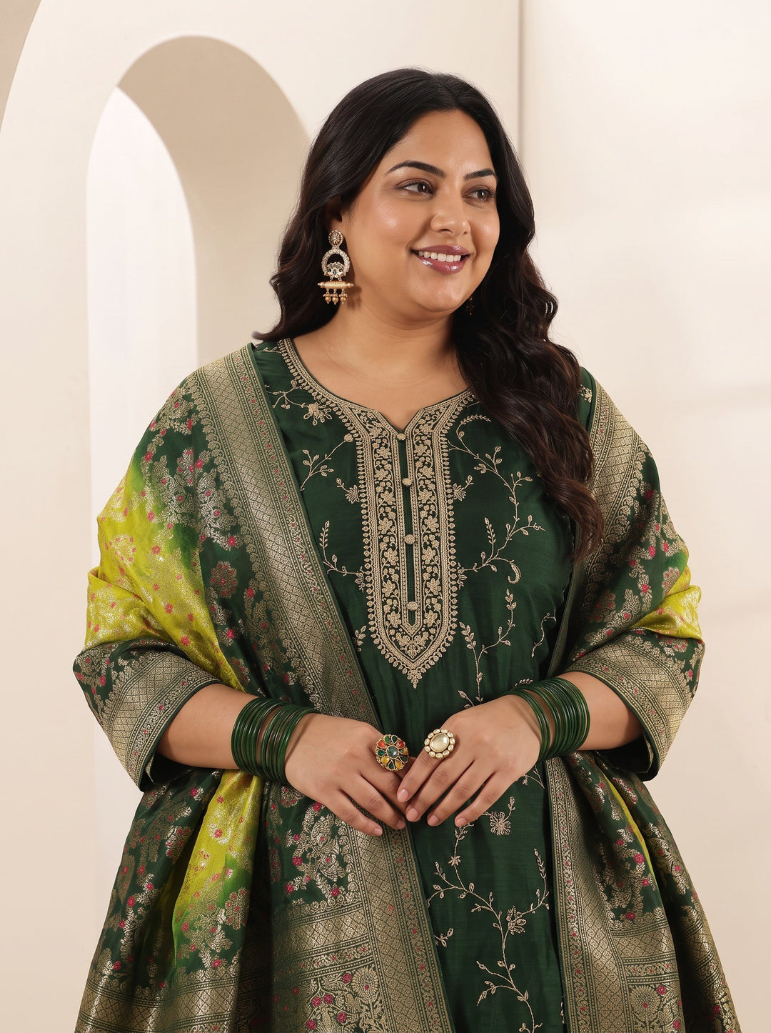 Plus Size Green Embroidered Silk Blend Straight Suit Sets With Dupatta