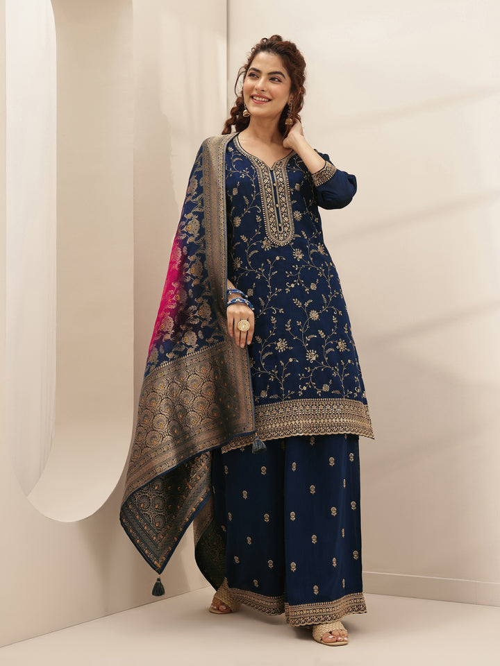 Libas Art Navy Embroidered Silk Blend Straight Suit Sets With Dupatta