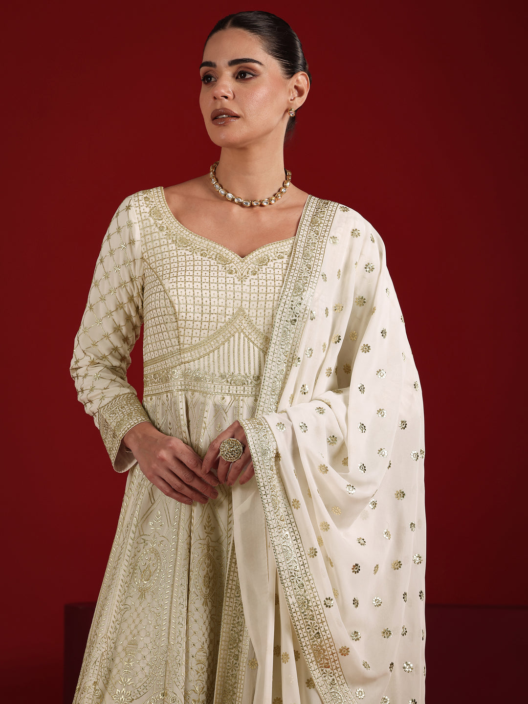 Libas Art Off White Embroidered Silk Blend Anarkali Suit Set With Dupatta