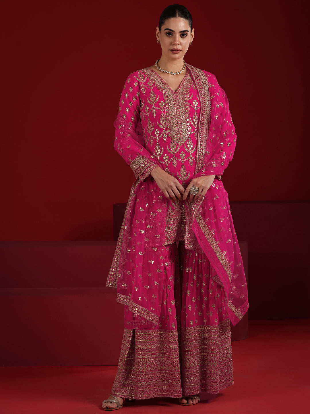 Libas Art Coral Embroidered Georgette Straight Suit Set With Dupatta