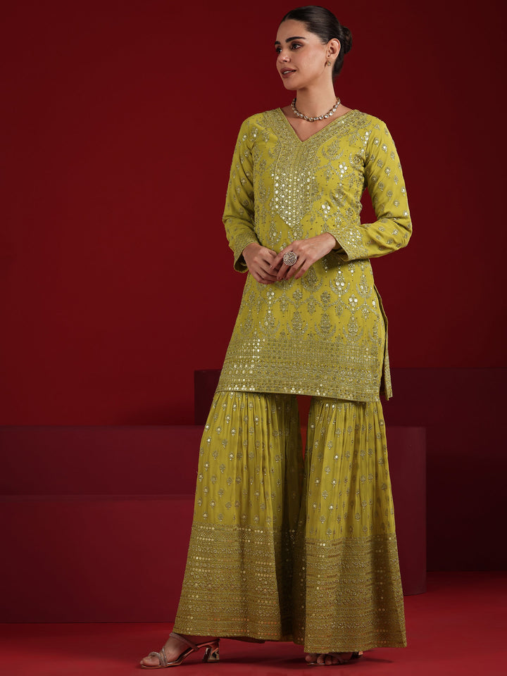 Green Embroidered Georgette Straight Suit Set With Dupatta