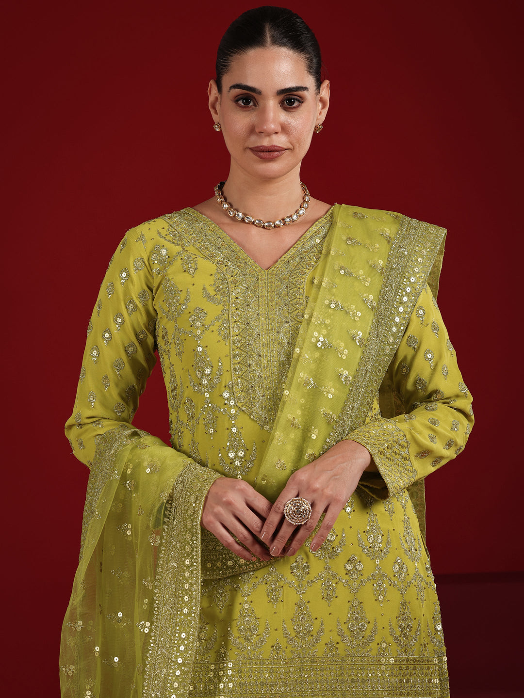 Green Embroidered Georgette Straight Suit Set With Dupatta
