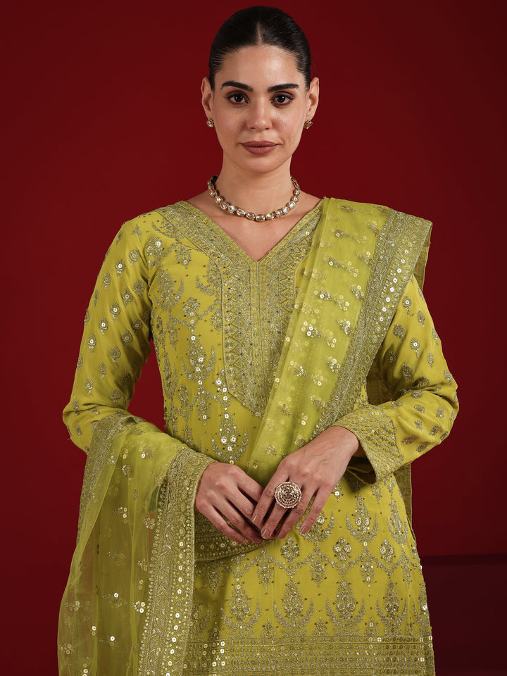 Green Embroidered Georgette Straight Suit Set With Dupatta