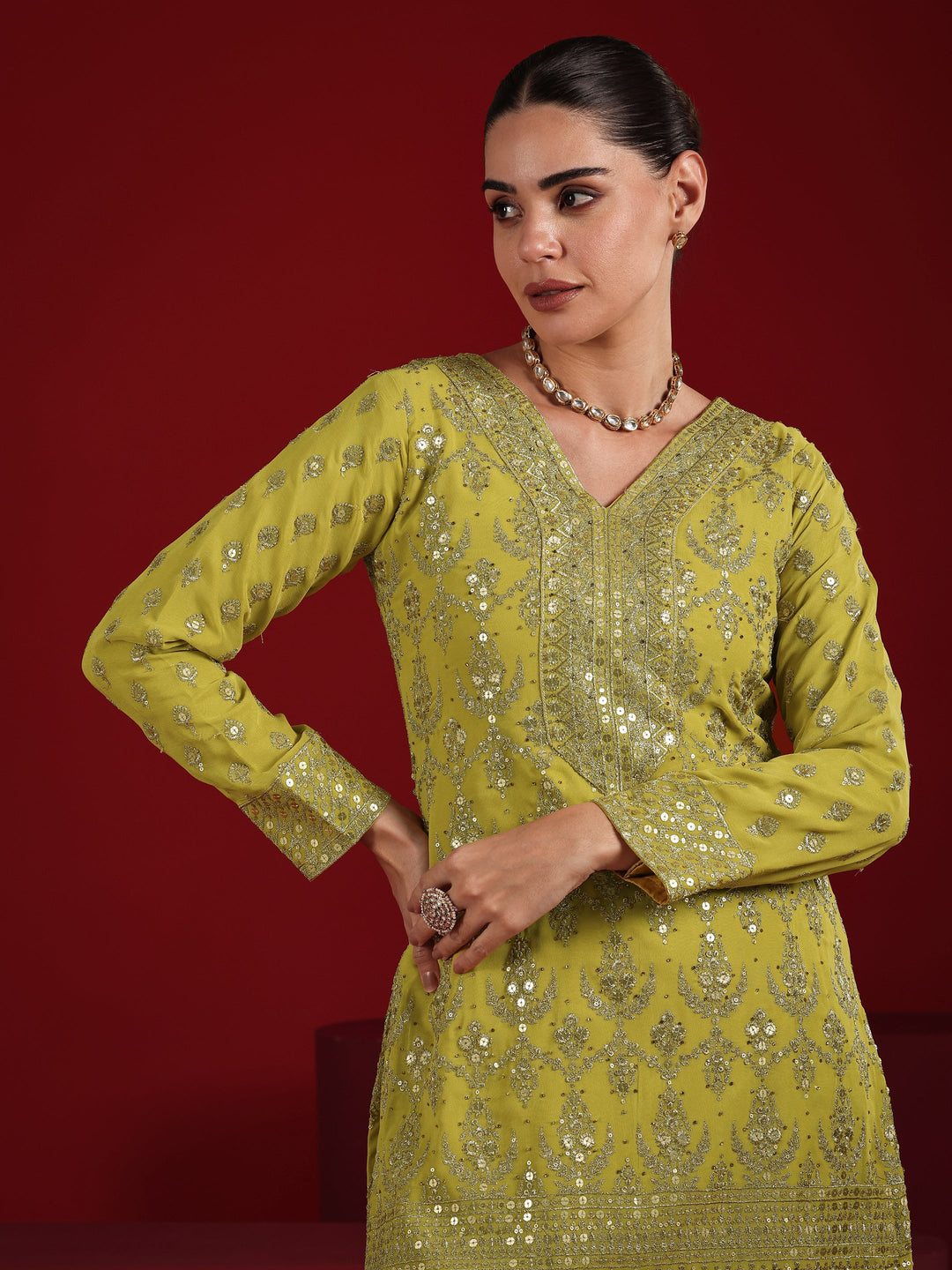 Green Embroidered Georgette Straight Suit Set With Dupatta