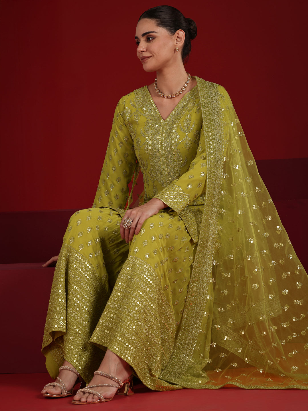 Green Embroidered Georgette Straight Suit Set With Dupatta