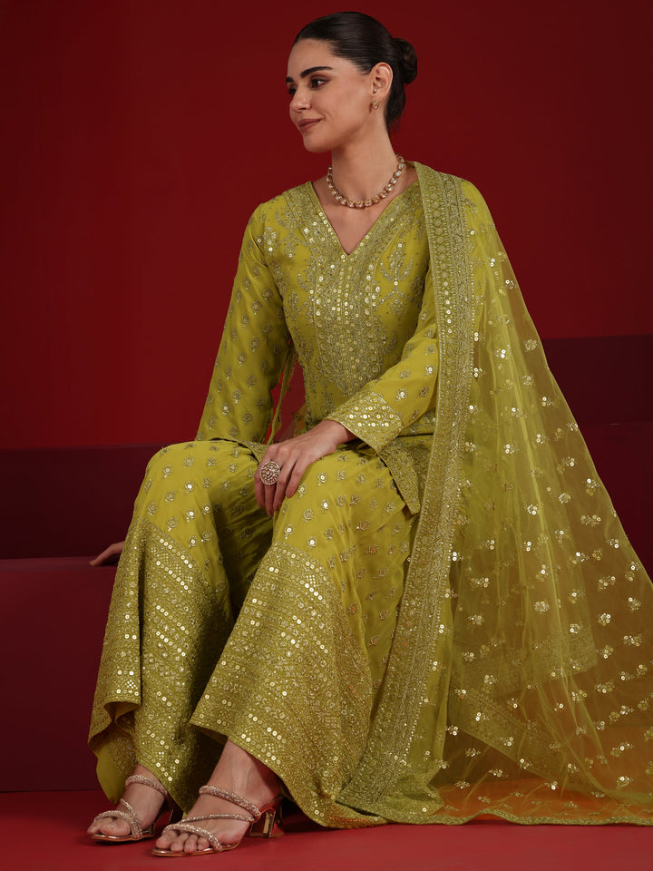 Green Embroidered Georgette Straight Suit Set With Dupatta
