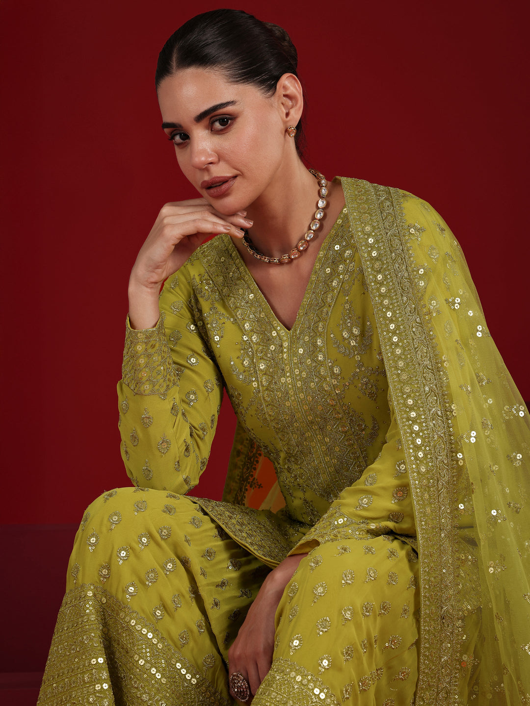 Green Embroidered Georgette Straight Suit Set With Dupatta