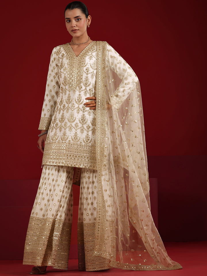 Off White Embroidered Georgette Straight Suit Set With Dupatta
