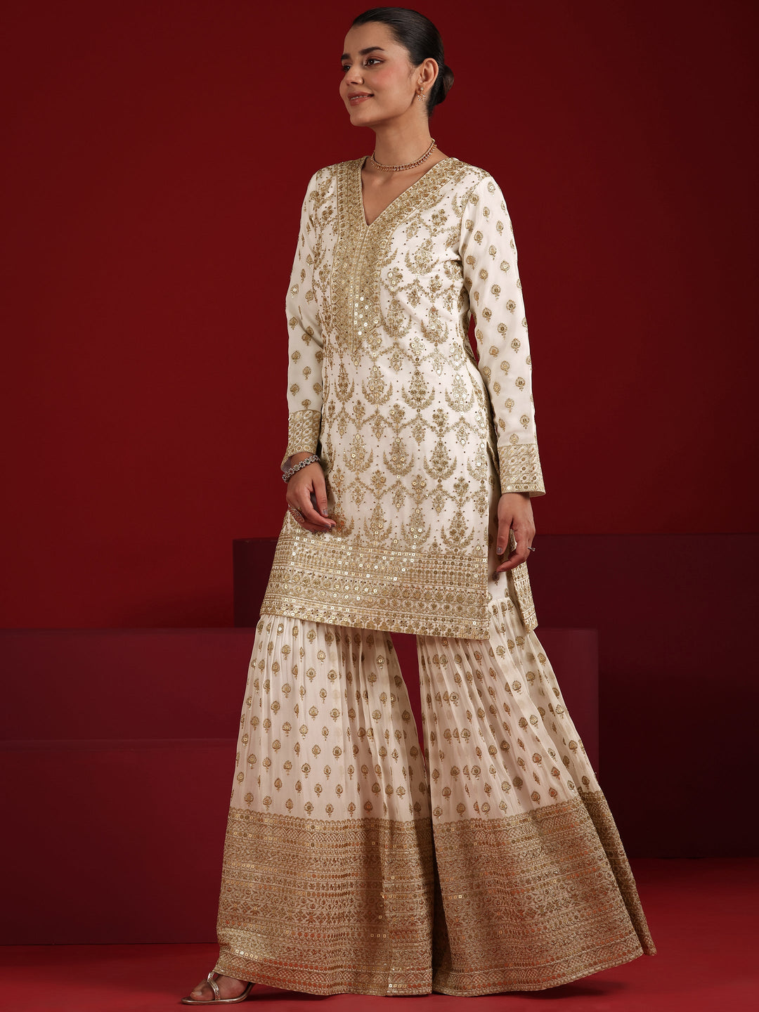 Off White Embroidered Georgette Straight Suit Set With Dupatta