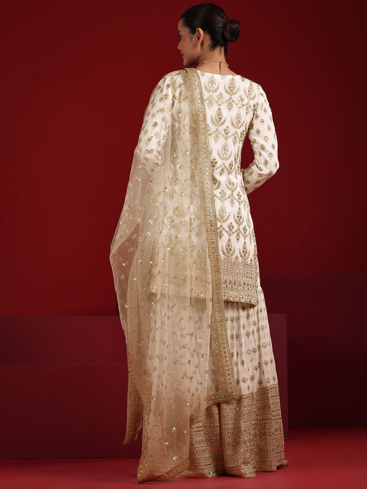 Off White Embroidered Georgette Straight Suit Set With Dupatta