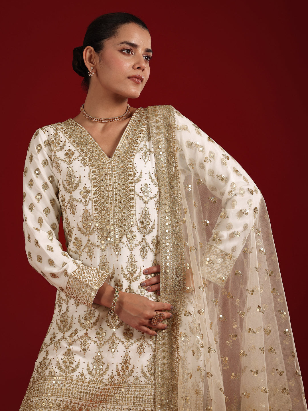 Off White Embroidered Georgette Straight Suit Set With Dupatta