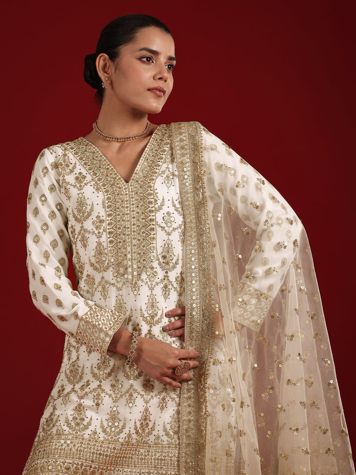 Off White Embroidered Georgette Straight Suit Set With Dupatta