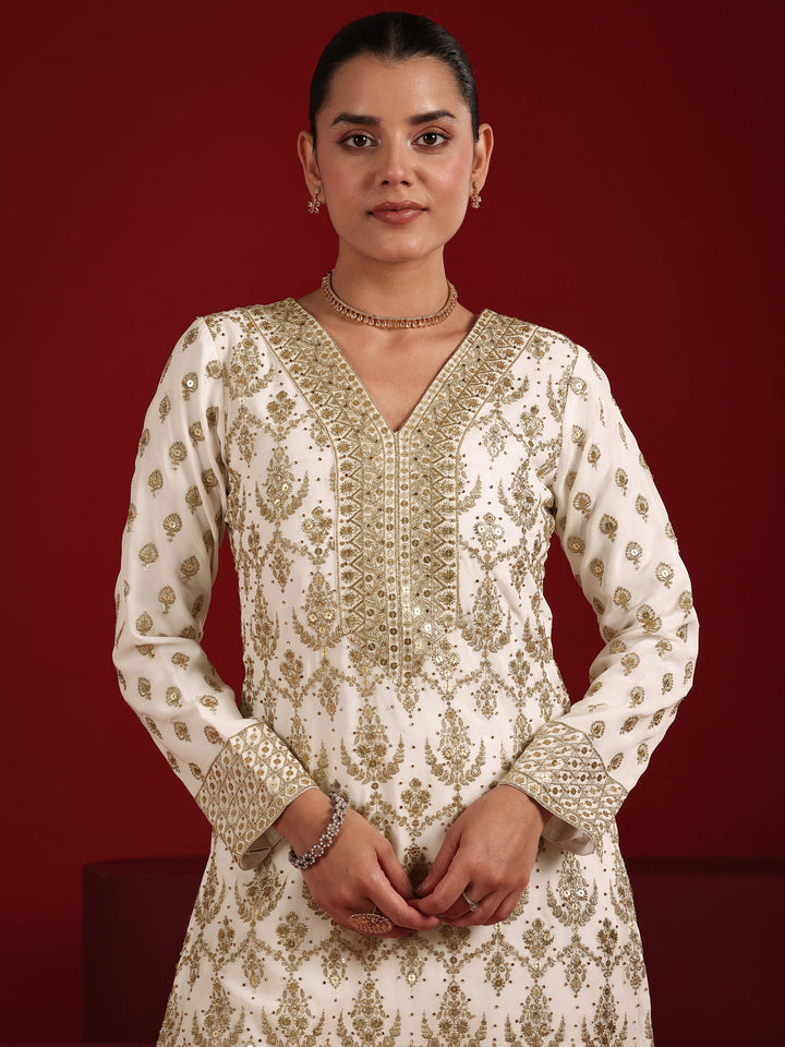 Off White Embroidered Georgette Straight Suit Set With Dupatta