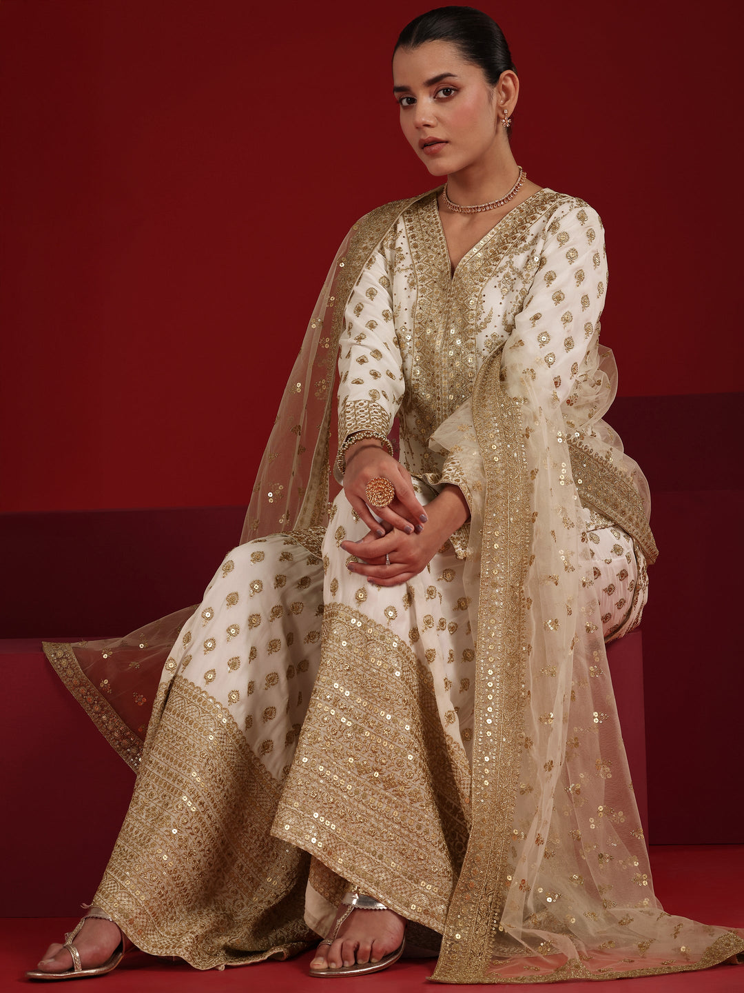 Off White Embroidered Georgette Straight Suit Set With Dupatta