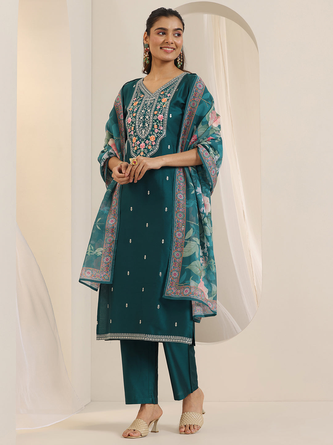 Libas Teal Embroidered Silk Blend Straight Suit Set With Dupatta