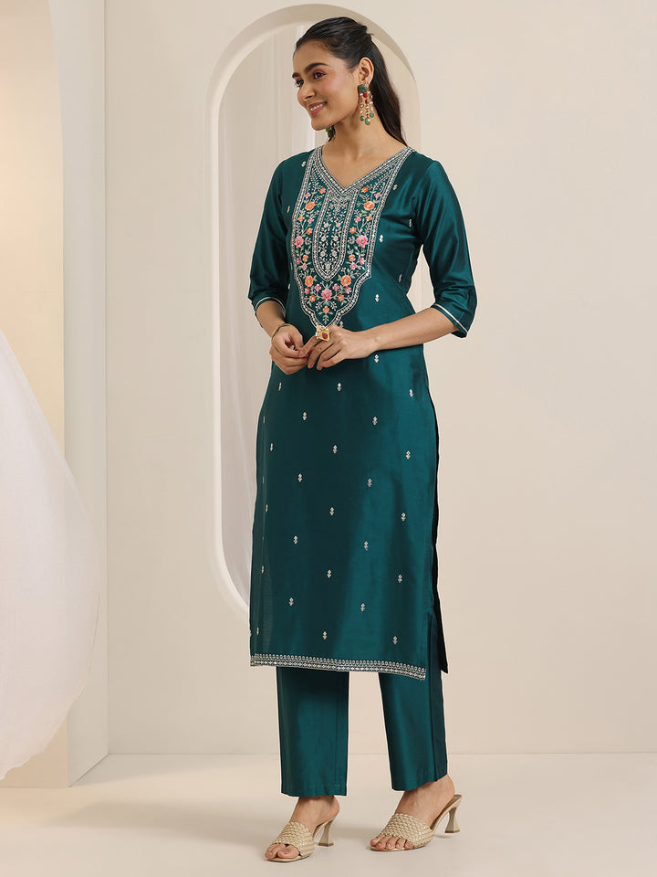 Libas Teal Embroidered Silk Blend Straight Suit Set With Dupatta