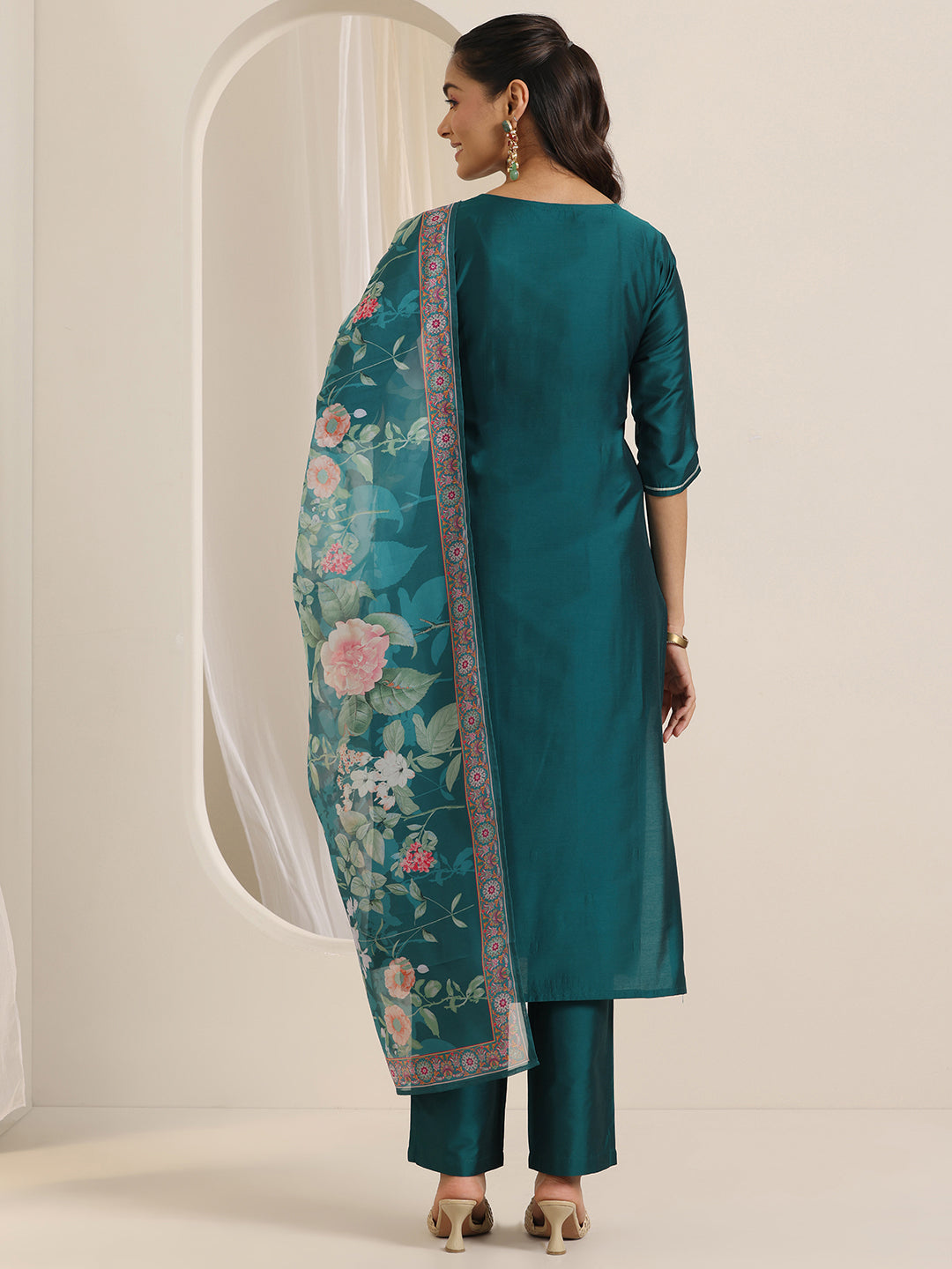 Libas Teal Embroidered Silk Blend Straight Suit Set With Dupatta