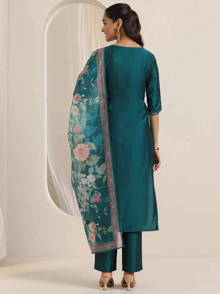 Libas Teal Embroidered Silk Blend Straight Suit Set With Dupatta