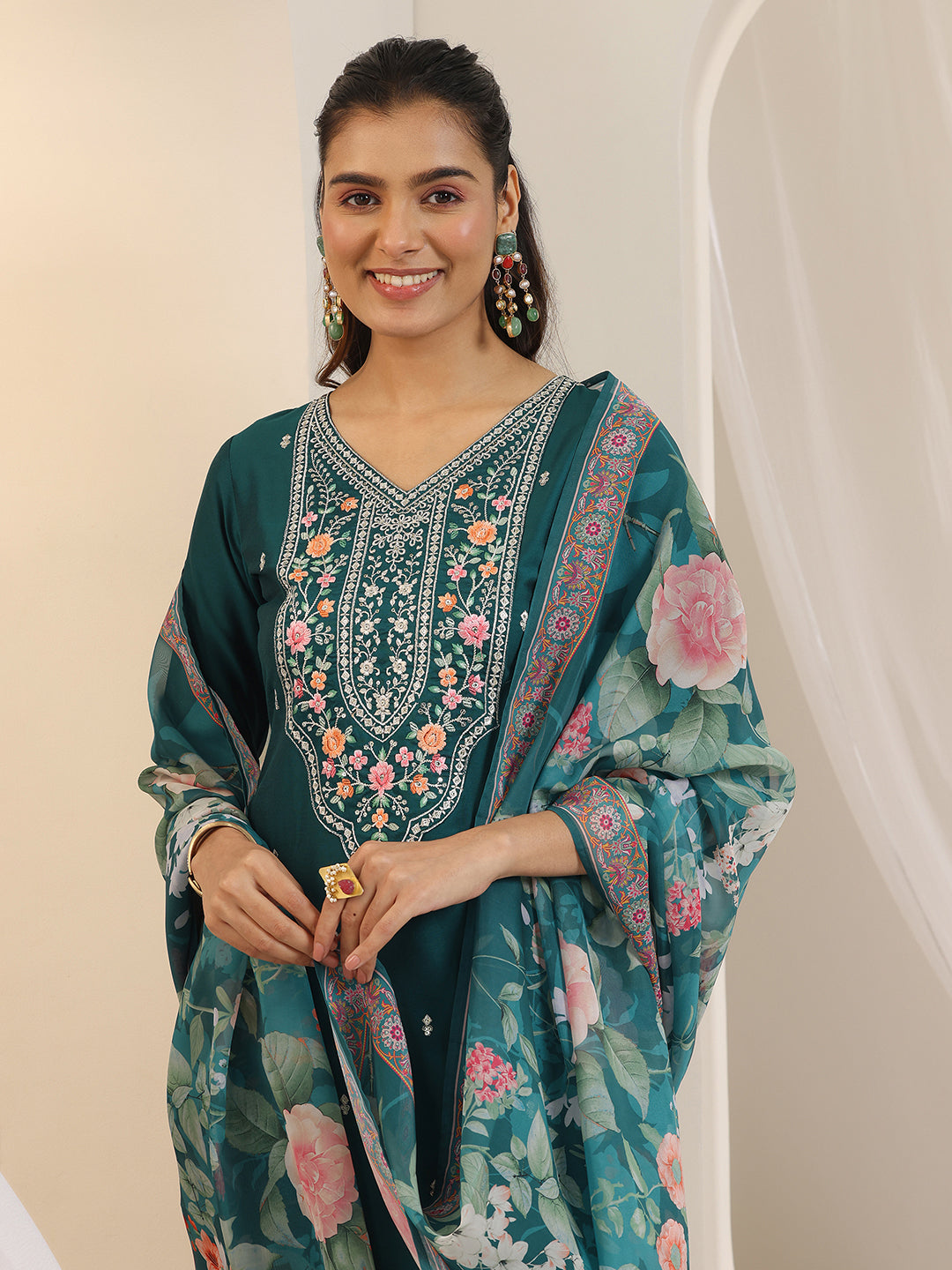 Libas Teal Embroidered Silk Blend Straight Suit Set With Dupatta