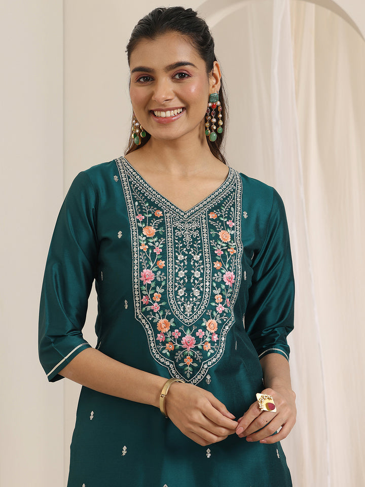 Libas Teal Embroidered Silk Blend Straight Suit Set With Dupatta